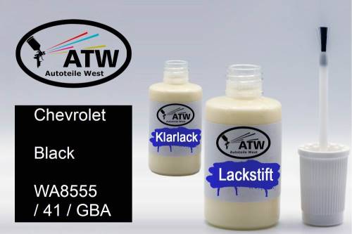 Chevrolet, Black, WA8555 / 41 / GBA: 20ml Lackstift + 20ml Klarlack - Set, von ATW Autoteile West.
